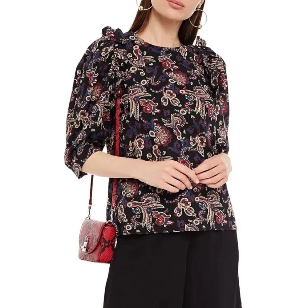 BA&SH Rym ruffle-trimmed printed cotton blouse Large MSRP $255